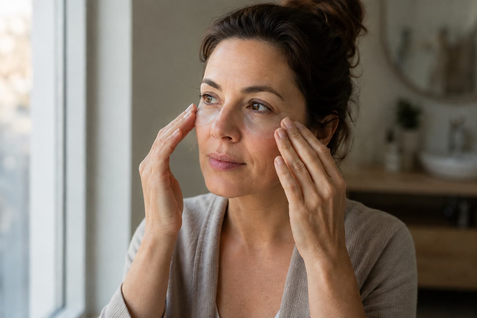Woman in her 40s applying Aloha Blue hydrogel under-eye patches to depuff puffy eyes in the morning, Opuola