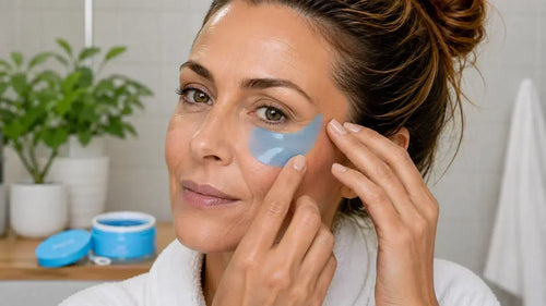 Woman over 40 applying an Aloha Blue hydrogel under-eye patch in a bright bathroom, Opuola under-eye care
