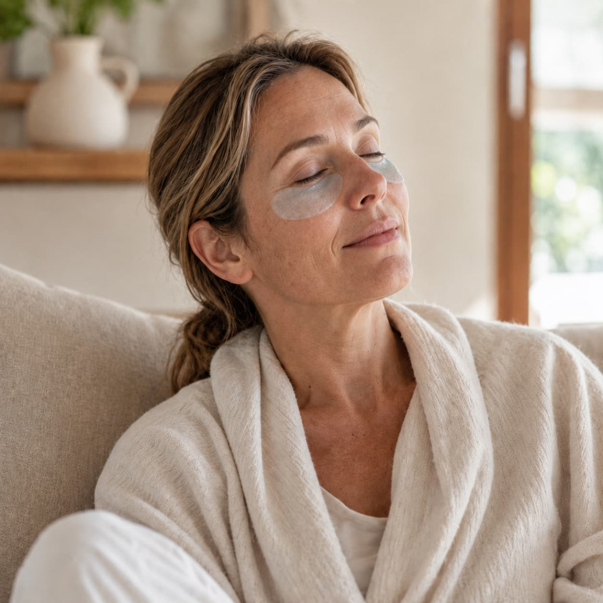 Woman wearing hydrogel under-eye patches during her morning ritual for dark circles — Aloha Blue by Opuola