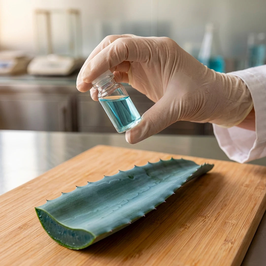 Concentrated blue agave extract in lab environment, illustrating the active hydrating and skin-revitalizing formula of Opuola eye patches