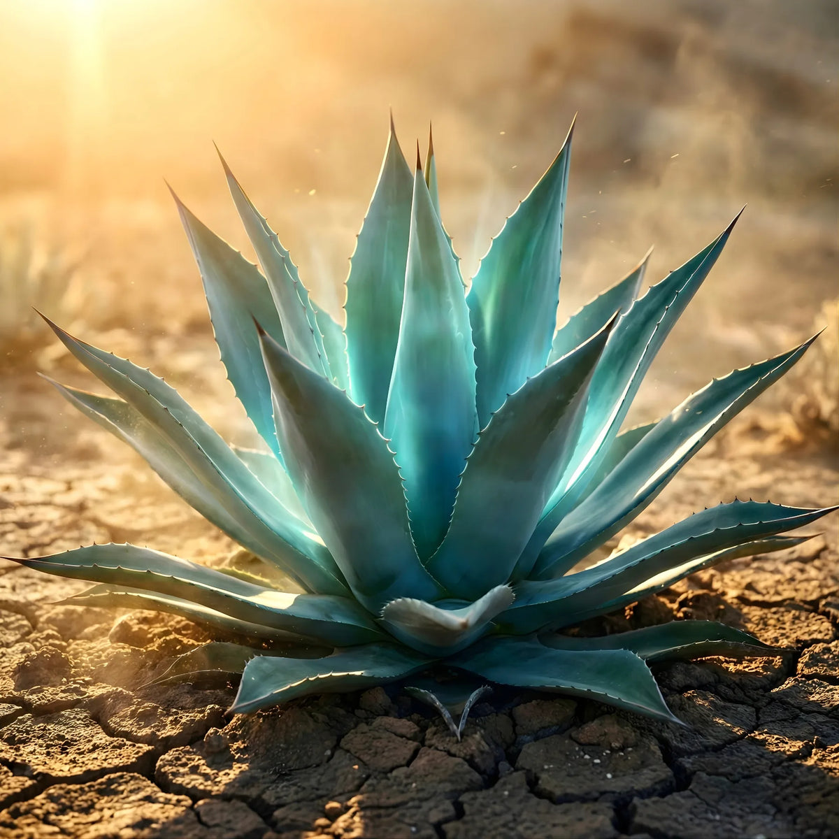 Blue agave plant glowing in desert sunlight, representing intense natural hydration and skin-reviving properties in Opuola eye patches