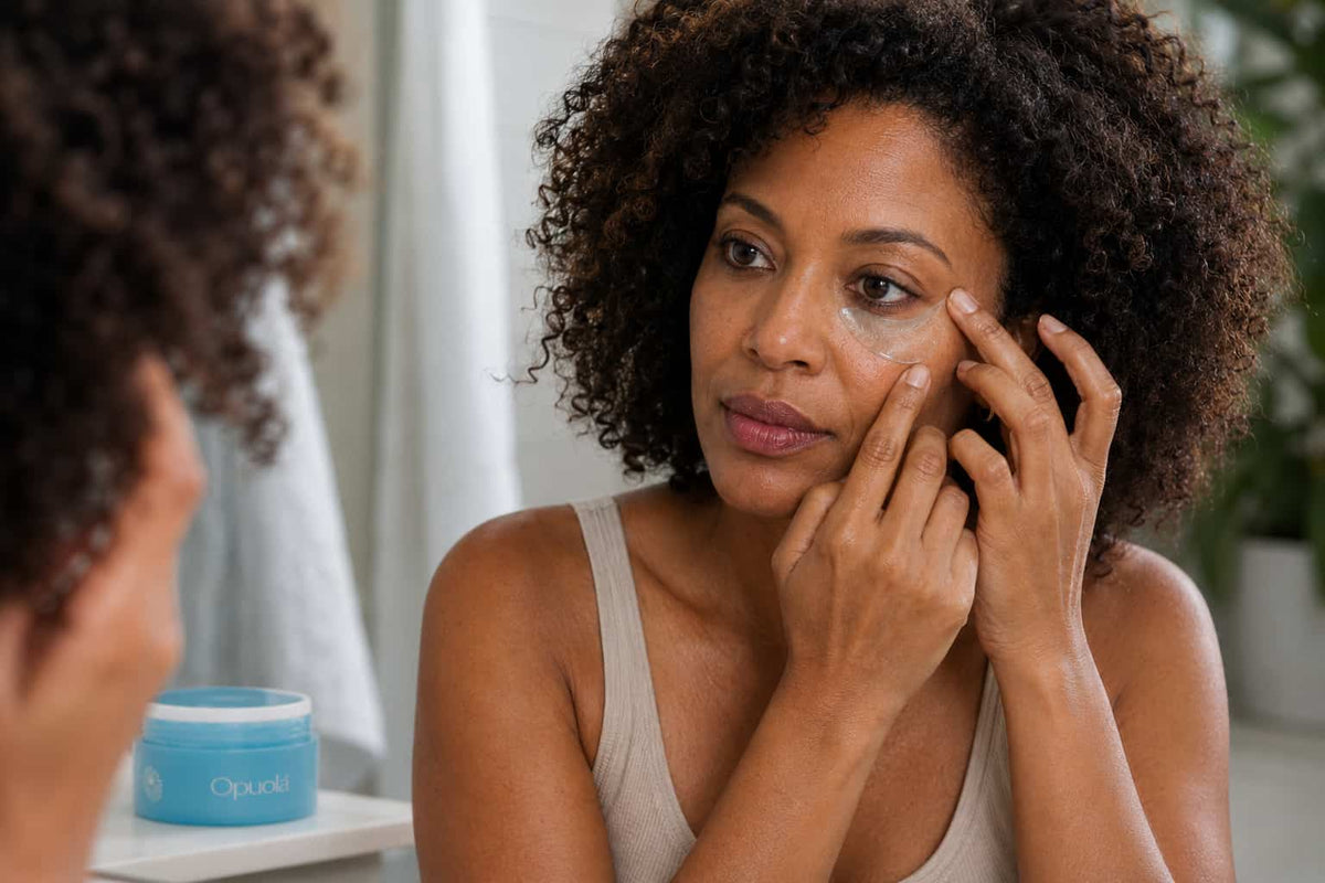 Woman applying a Opuola Aloha Blue Patches hydrogel under-eye patch during a 15-minute morning depuffing routine