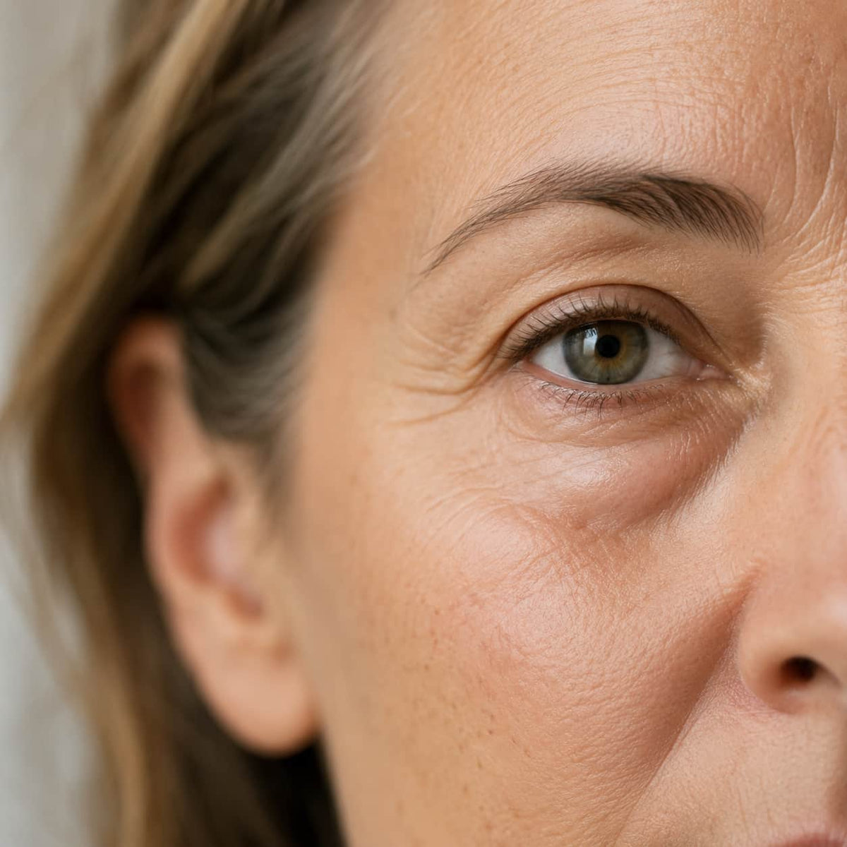 Close-up of morning under-eye puffiness and eye bags before applying hydrogel patches
