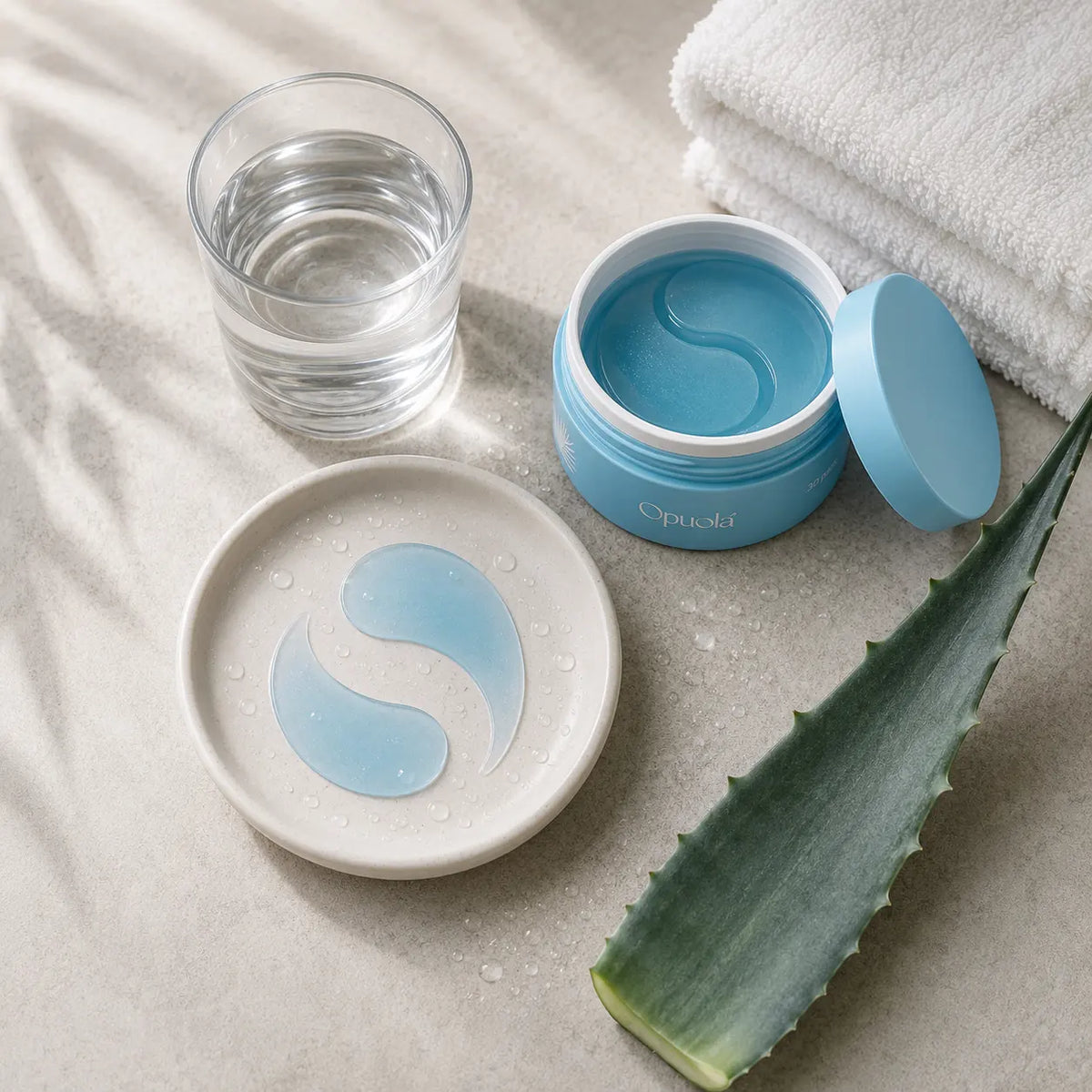 Needle-free under-eye routine with Opuola Aloha blue hydrogel patches, a glass of water and an agave leaf on a bathroom vanity