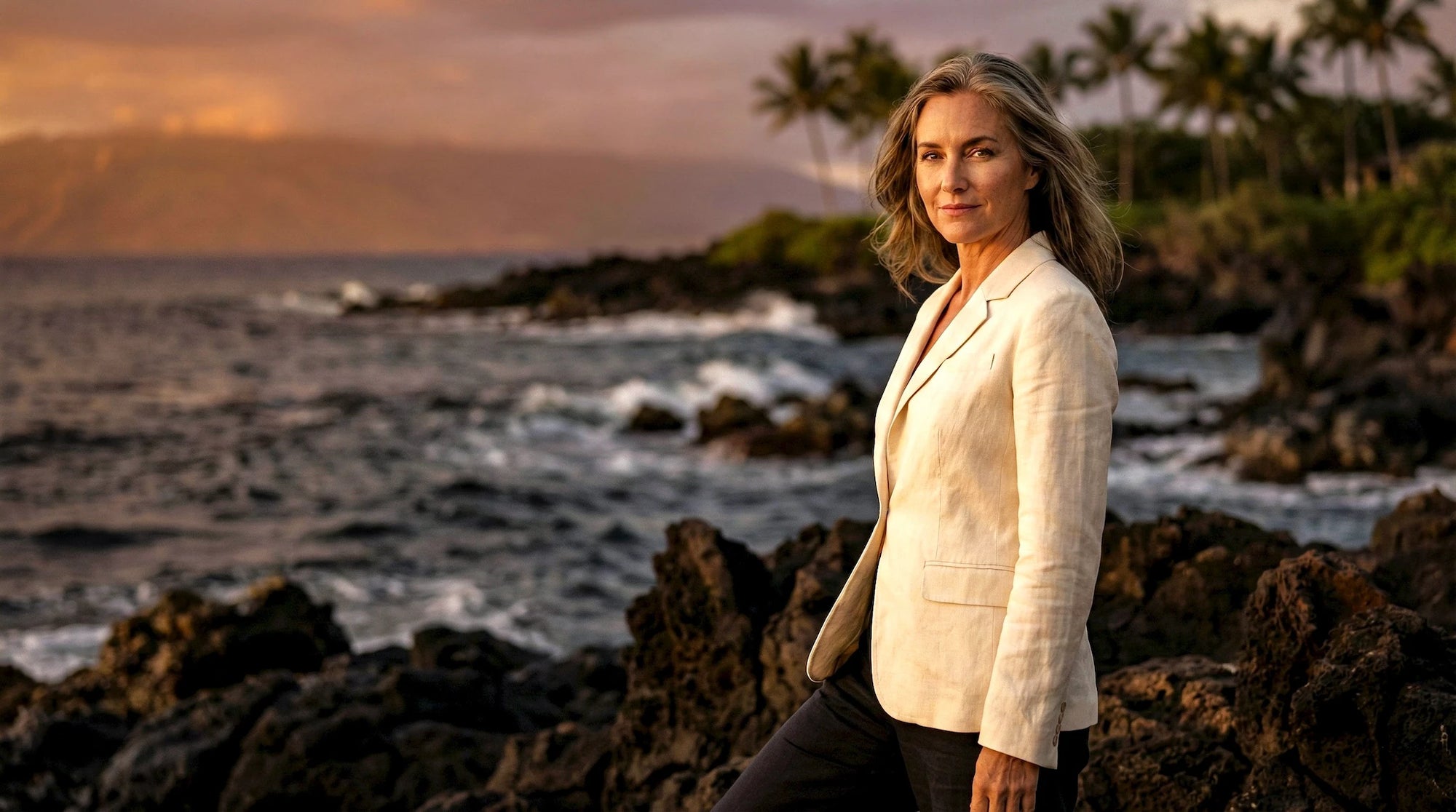 Confident 45-year-old woman with hydrated under-eye area standing on Maui volcanic coastline at sunset, representing Opuola eye care ritual