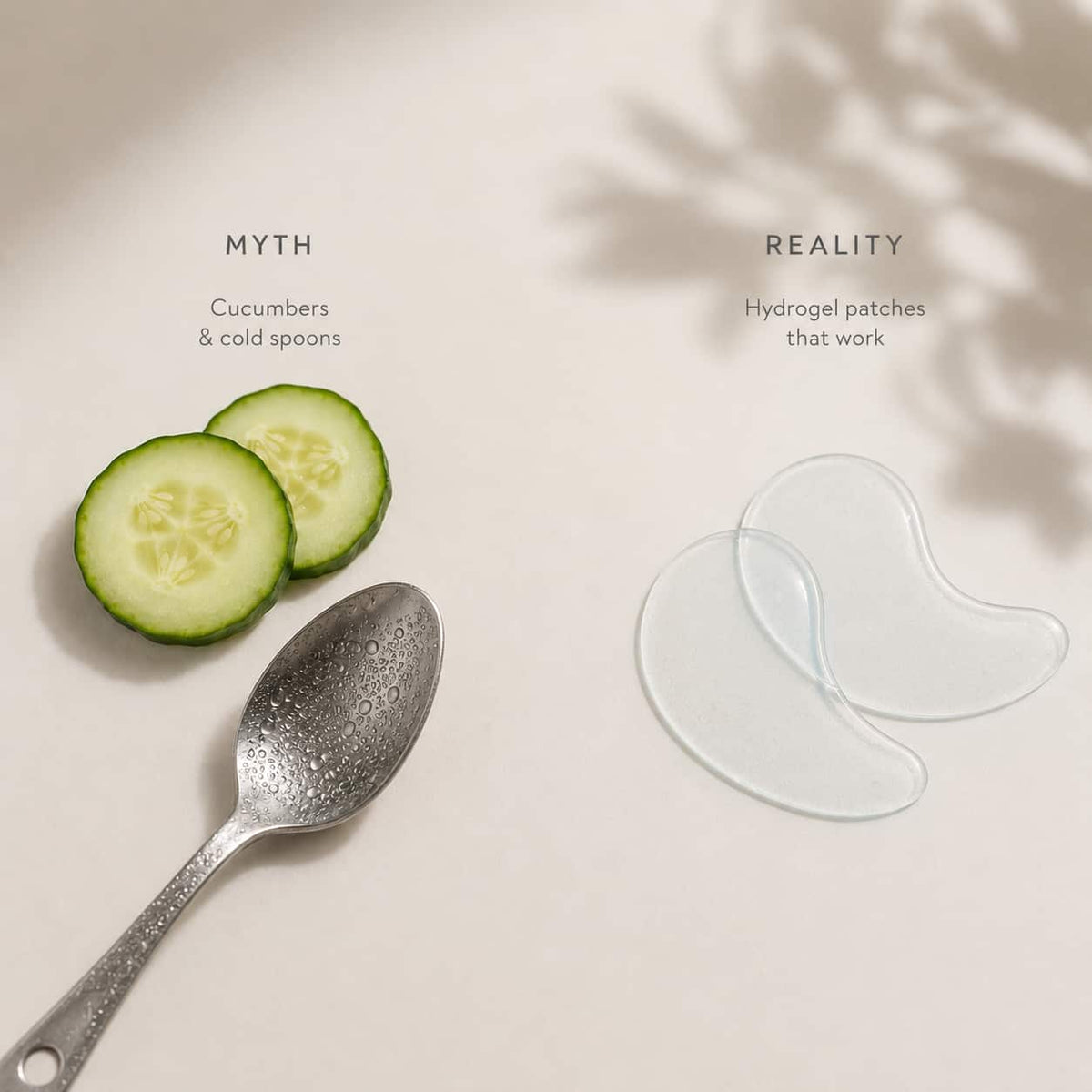 Cucumber slices and a cold spoon next to blue hydrogel under-eye patches illustrating puffy-eye myths versus reality