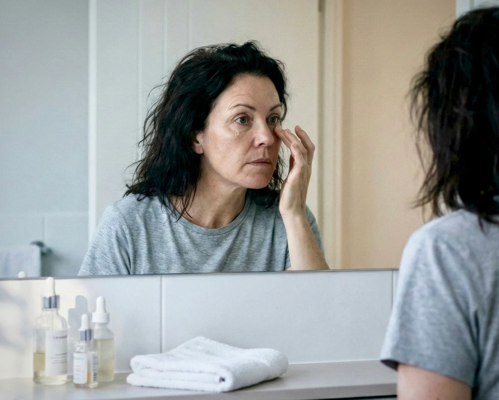 Woman in her 40s noticing dark circles and fine lines under her eyes in a morning bathroom mirror.